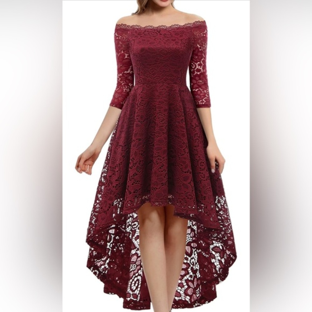 Dressystar Women's Off Shoulder Hi-Lo Lace Dress Short Sleeve Formal Cocktail